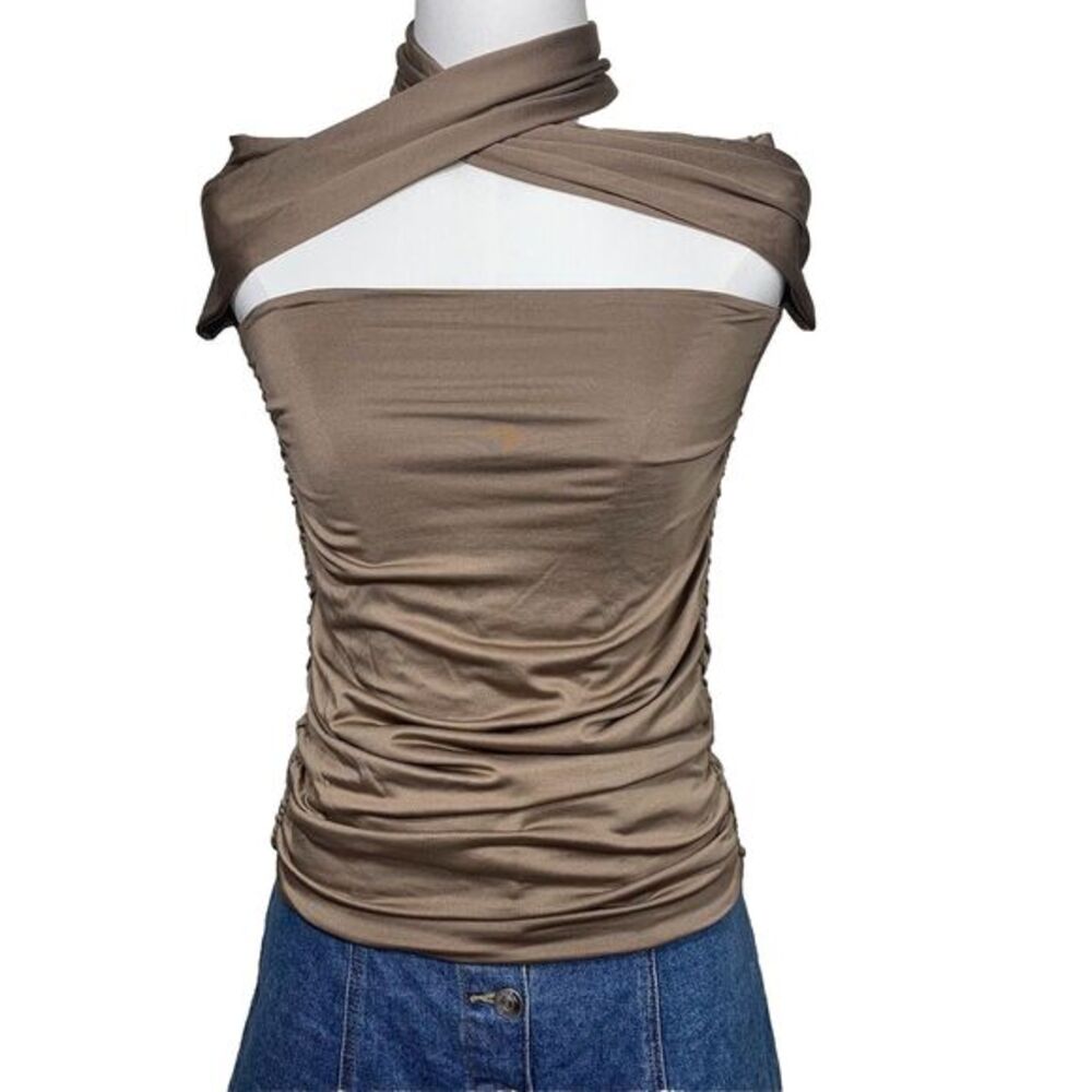 SHEIN Halter Top Womens XS Brown Ruched Cutout Criss Cross Neck Slim Fit Sleevel